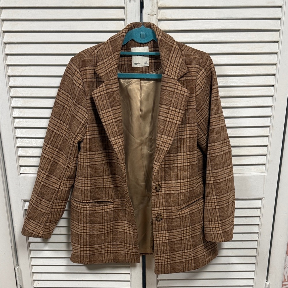 Abercrombie & Fitch Tan Plaid Pea Coat